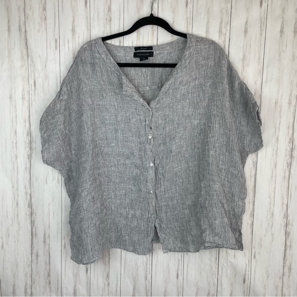 Tahari gray blue button down 100% linen blouse medium - Picture 1 of 4